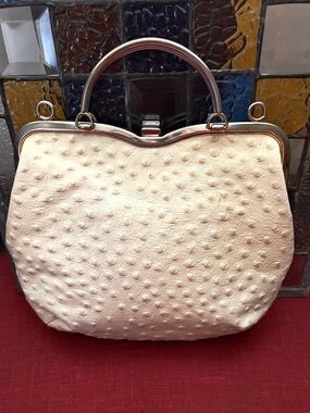 Vtg BIENEN-DAVIS Ivory Genuine OSTRICH Skin Handbag MCM 11.75x9 Kelly Bag
